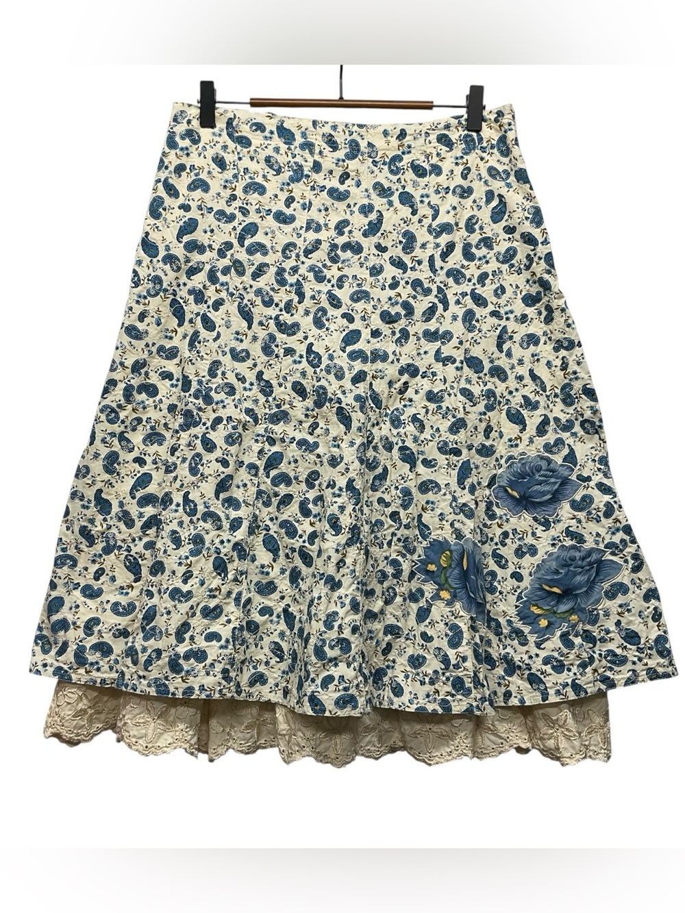 Per una Blue Paisley Ruffle A-line Midi Skirt Size 14R Cottagecore Y2K Festival